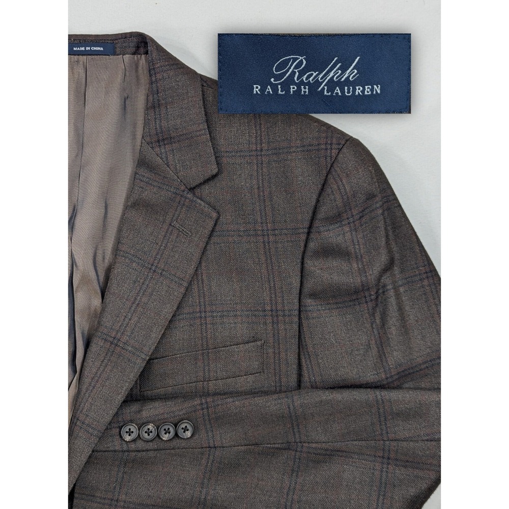 Ralph Lauren Blazer Sport Coat Brown Check Plaid Suit Jacket Silk Wool 42R 46"